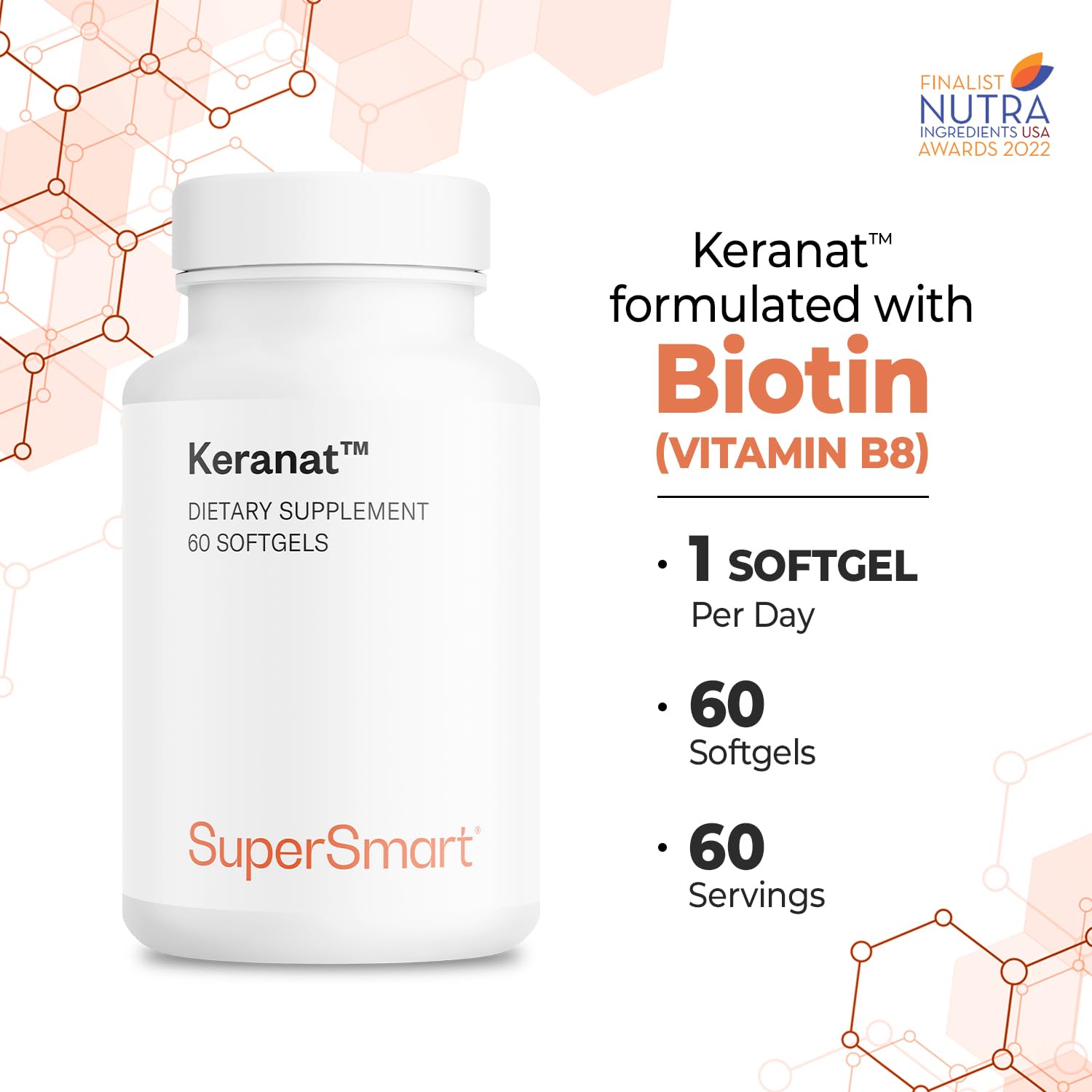 Supersmart - Keranat (Advanced Formula with Biotin) - Hair Supplement for Volume & Growth - Hair Loss Vitamins | Non-GMO & Gluten Free - 60 Softgels - Image 5